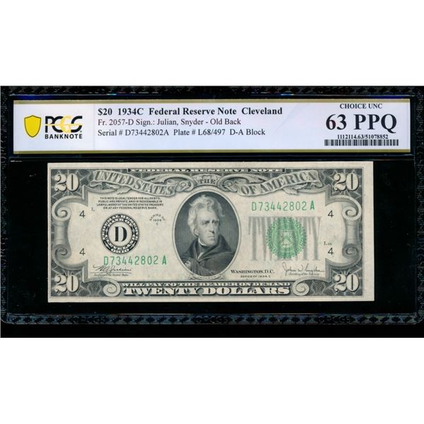 1934C $20 Cleveland FRN PCGS 63PPQ