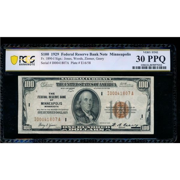 1929 $100 Minneapolis FRBN PCGS 30PPQ