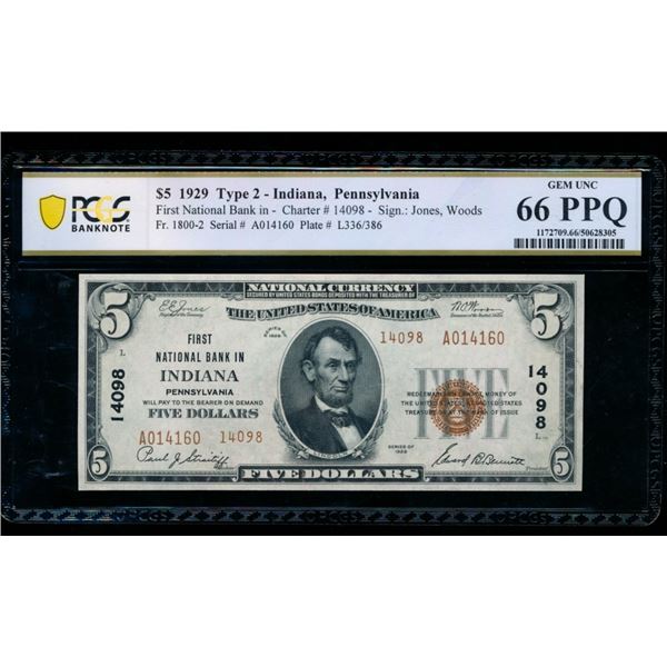 1929 $5 Indiana PA National PCGS 66PPQ