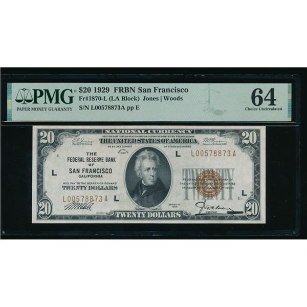 1929 $20 San Francisco FRBN PMG 64