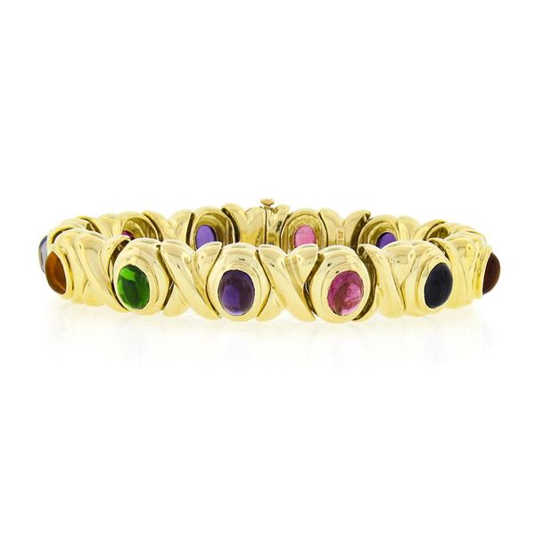 18K Yellow Gold Oval Cabochon Bezel Multi Color Gemstone Wide X O Link Bracelet
