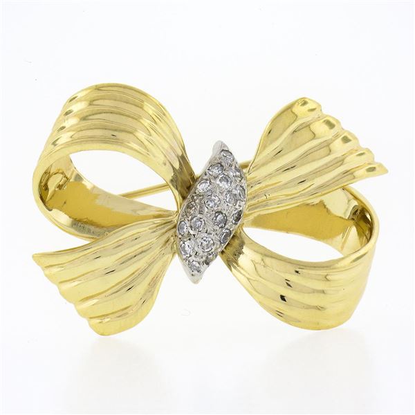 Vintage 14K TT Gold 0.20 ctw Pave Diamond Center Textured Grooved Bow Pin Brooch