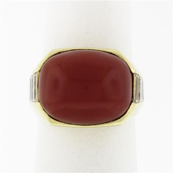 Vintage 18K Yellow Gold FINE GIA Cabochon Orangy Red Coral Baguette Diamond Ring