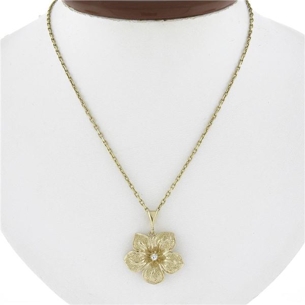Solid 14k Yellow Gold 0.04 ctw Diamond Detailed Textured Flower Pendant Necklace