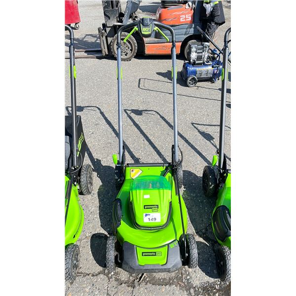 GREENWORKS PRO CORDLESS MOWER (NO BATTERIES, NO CHARGER NO REAR BAG, UNKNOWN WORKING CONDITION)