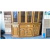Image 3 : OAK HUTCH AND BUFFET. ANGLE FRONT, LIGHT IN HUTCH. HUTCH 59" X 15" X 47", BUFFET 62" X 16" X 30"
