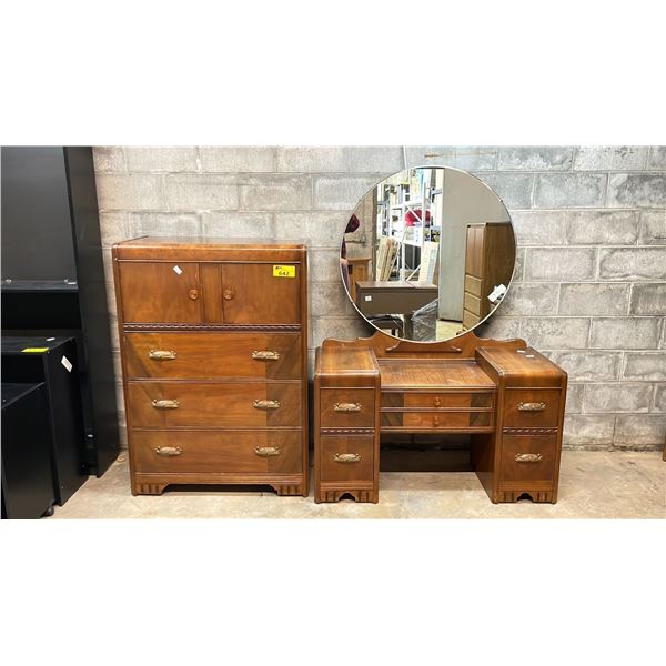 VINTAGE ART DECO STYLE ARMOIRE AND DRESSING TABLE SET. BAKELITE INSERT HANDLES
