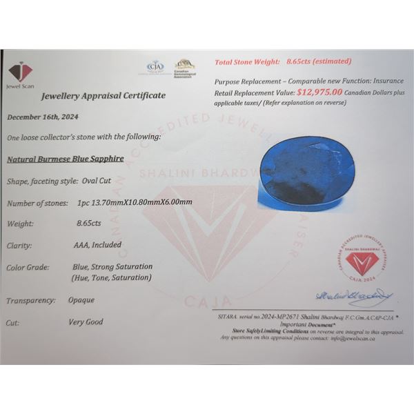 8.65 CT CERTIFIED MED BLUE SAPPHIRE GEMSTONE ($12,975 APPRAISAL)