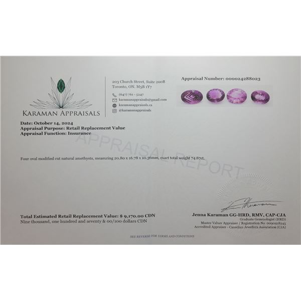 74.87 CT CERTIFIED FANCY AMETHYST GEMSTONE PARCEL ($9,170 APPRAISAL)