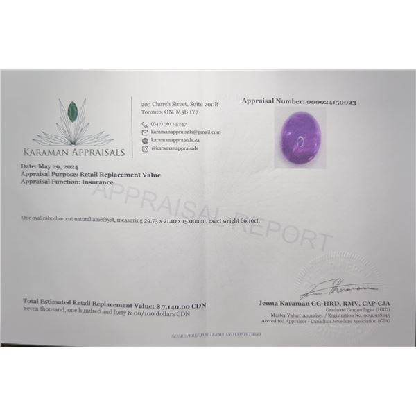 66.10 CT CERTIFIED FANCY AMETHYST GEMSTONE ($7,140 APPRAISAL)