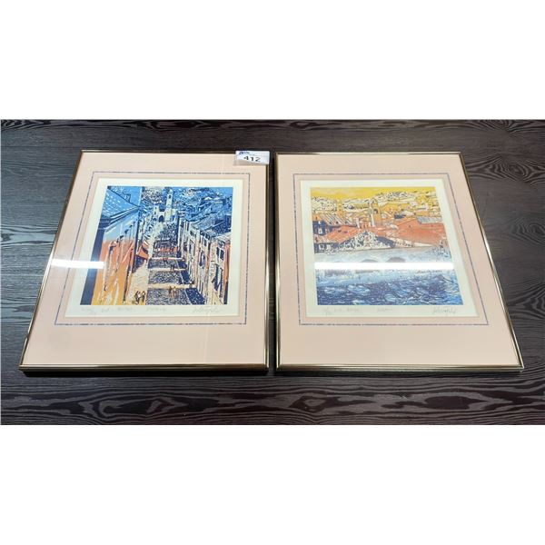 2 FRAMED WOOD BLOCK LIMITED EDITION PRINTS ITALIAN 26  X 23  AUTHENTIC ITALIAN WRITEN IN ROMAN