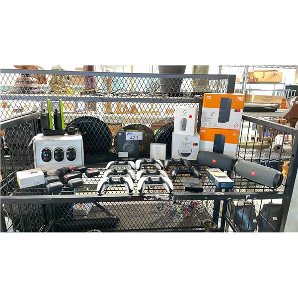 SHELF OF ASSORTED PS4 CONTROLLERS, EAR BUDS, SPEAKERS, CAMERAS & MORE (UNKNOWN WORKING CONDITION,