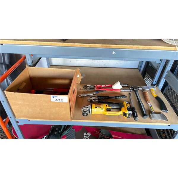 SHELF LOT OF ASSORTED TOOL INCLUDING AXES DEWALT GRINDER, BULT CUTTERS & MORE