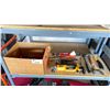 Image 1 : SHELF LOT OF ASSORTED TOOL INCLUDING AXES DEWALT GRINDER, BULT CUTTERS & MORE