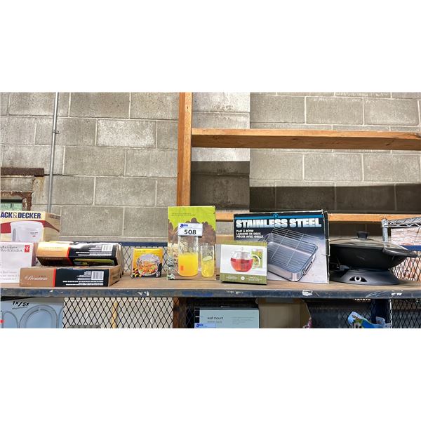 SHELF OF ASSORTED KITCHEN ITEMS, INCLUDING; SERVING PLATES, PITCHERS, & MORE