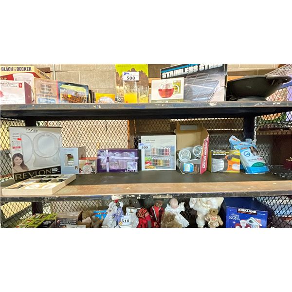 SHELF OF ASSORTED ITEMS, INCLUDING: VANITY MIRROR BATH ACCESSORIES, SPICE RACK & MORE