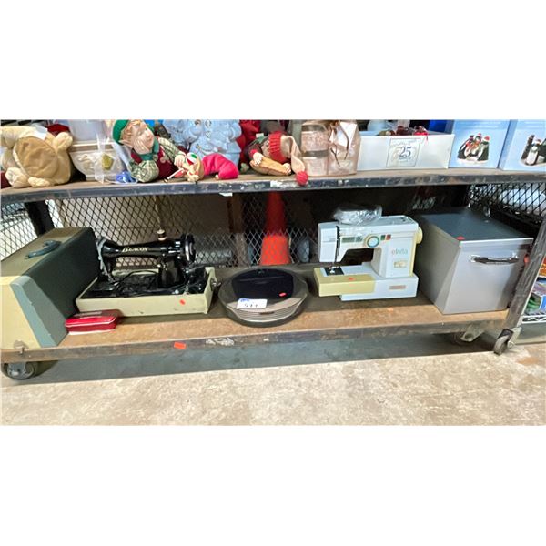 SHELF OF ASSORTED SEWING MACHINES, AND MORE