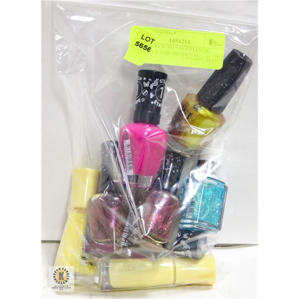 NEW BAG WITH 9 BOTTLES OF VARIOUS NAIL PRODUCTS