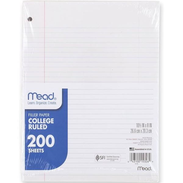 NEW 200 SHEETS MEAD FILLER PAPER COLLEGE RULED