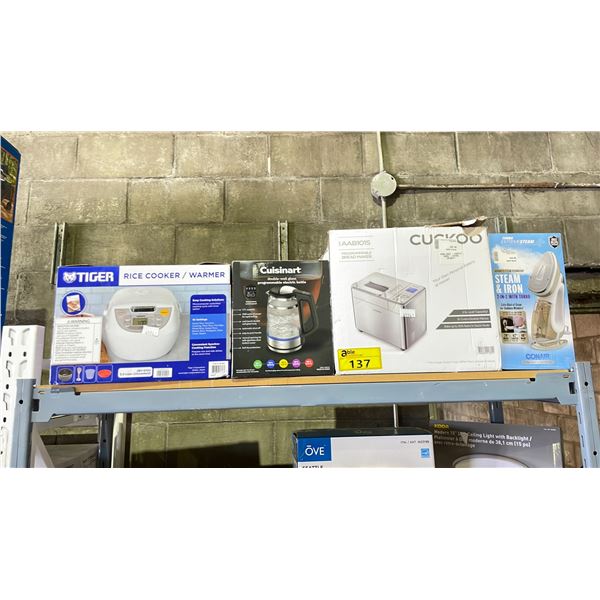 SHELF OF ASSORTED ITEMS INCLUDING; TIGER RICE COOKER, CUISINART ELECTRIC KETTLE, CUCKOO BREAK MAKER