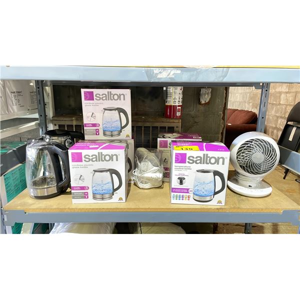 SHELF OF ASSORTED ITEMS INCLUDING; SALTON GLASS KETTLES, DESK FAN & WATER FLOSSER (UNKNOWN WORKING