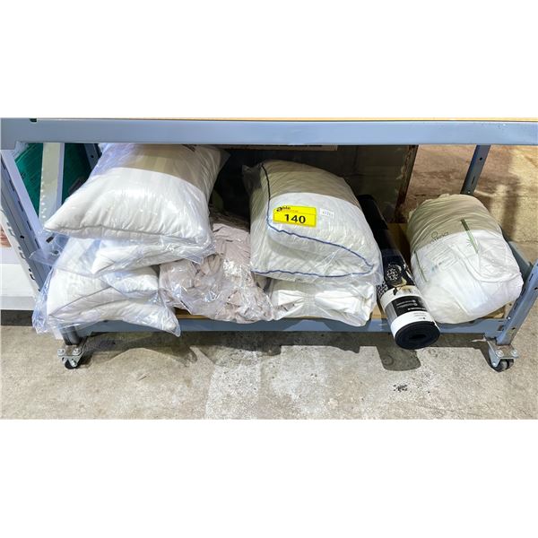 SHELF OF ASSORTED PILLOWS, KITCHEN RUNNER & MORE