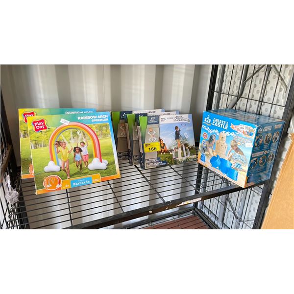 SHELF OF RAINBOW ARCH SPRINKLERS, SAND CASTLE KIT & EASTPOINT RING TOSS SETS (MAY BE MISSING PARTS