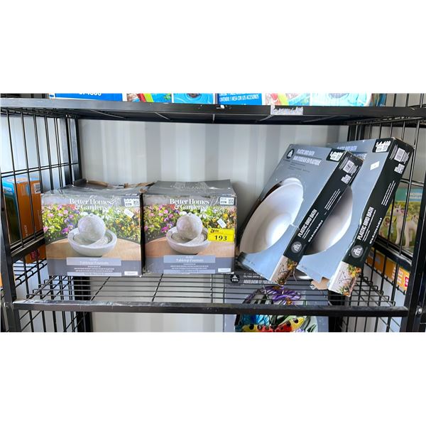 SHELF OF BETTER HOMES & GARDENS TABLE TOP FOUNTAINS & HOMETRENDS PLASTIC BIRD BATHS (MAY BE MISSING