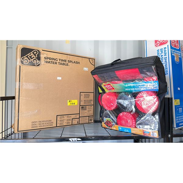 STEP 2 SPRING TIME SPLASH WATER TABLE & 2 JUMBO CHECKERS SETS (MAY BE MISSING PARTS & PIECES)