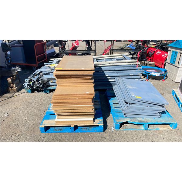 LOT OF PALLET RACKING INCLUDING; 7.5' UPRIGHTS, CROSS BEAMS, METAL SHELVES & PARTICLE BOARD SHELVES