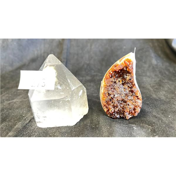 CLEAR QUARTZ WITH INCLUSIONS  & 3" CITRINE WITH AGATE FLAME SHAPE