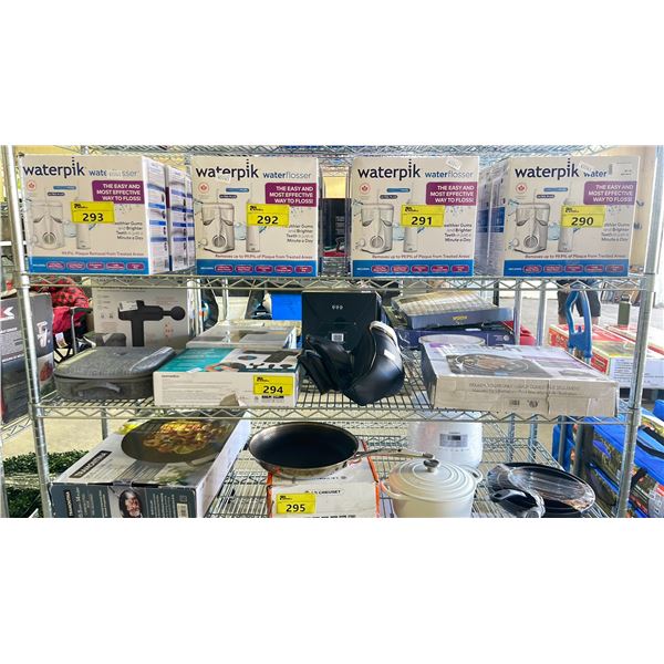 SHELF OF ASSORTED ITEMS INCLUDING; SHARPER IMAGE MASSAGERS, SALTON INDUCTION COOKTOP, HOMEDICS