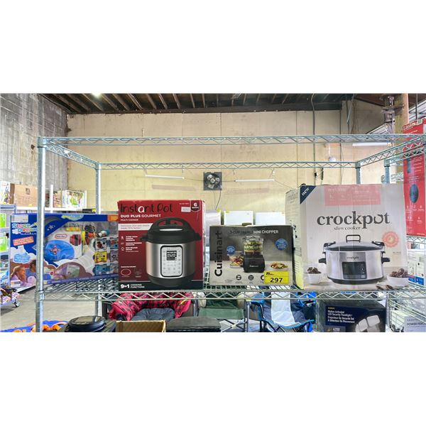 SHELF OF ASSORTED ITEMS INCLUDING; INSTANT POT DUO PLUS GOURMET MULTI-COOKER, CUISINART MINI