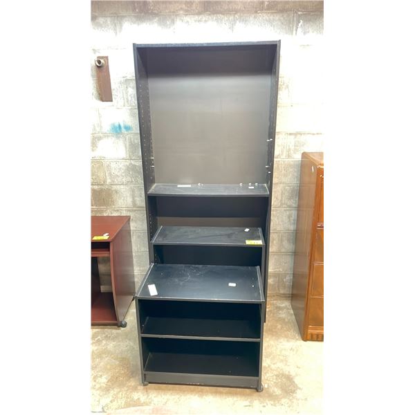 TWO (2) BOOK CASES. 6 SHELVES. 35 X 11 X 79, 2 SHELVES 29 X 11 X 31. ROLLING TV STAND.