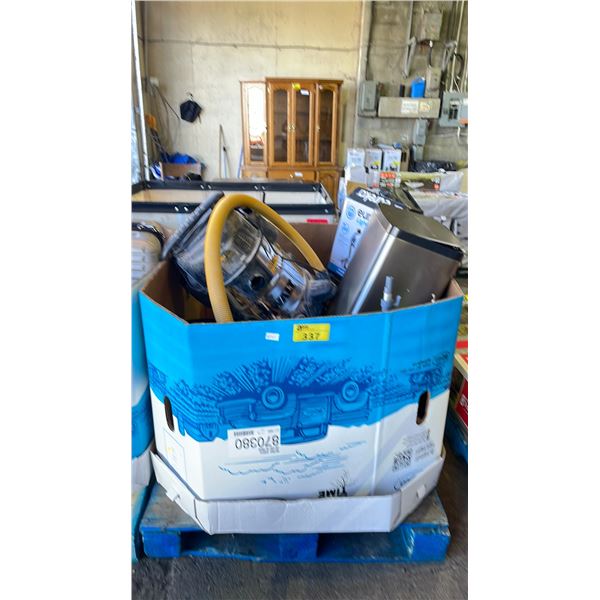 GAYLORD OF ASSORTED ITEMS INCLUDING; DEWALT WET/DRY VACUUM, STAINLESS STEEL WASTE BIN, EUREKA