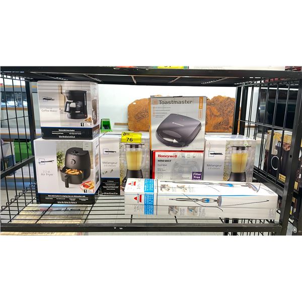 SHELF OF ASSORTED ITEMS INCLUDING; MAINSTAYS 5-CUP COFFEE MAKER, BISSELL 3-IN-1 VAC, MAINSTAYS