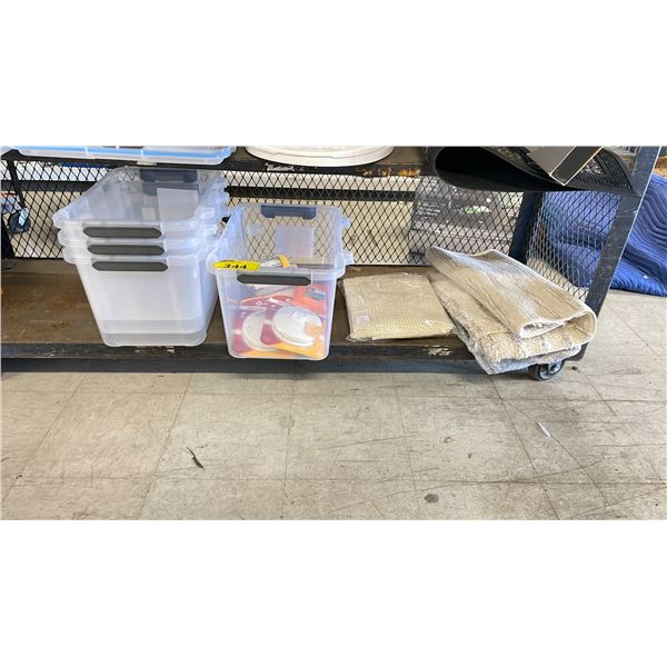 SHELF OF ASSORTED ITEMS INCLUDING; STORAGE TOTES, HONEYWELL HUMIDIFIER, BATH MAT & MORE