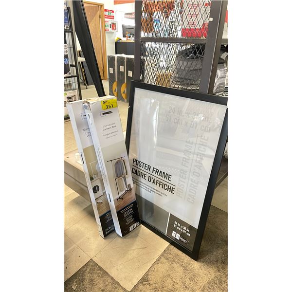 2 MAINSTAYS GARMENT RACKS & 24" X 36" POSTER FRAME