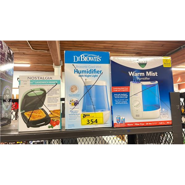 NOSTALGIA MINI SANDWICH MAKER, DR BROWN'S ULTRASONIC COOL MIST HUMIDIFIER WITH NIGHT LIGHT & VICKS