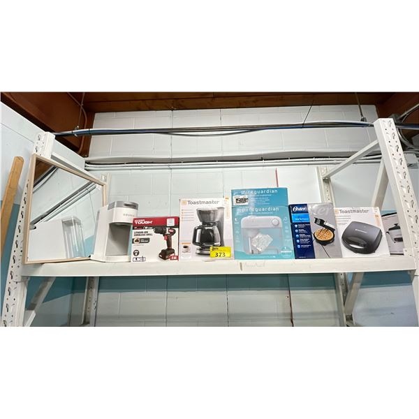 SHELF OF ASSORTED ITEMS INCLUDING; HYPER TOUGH LITHIUM-ION CORDLESS DRILL, TOASTMASTER COFFEE