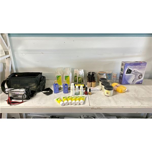 SHELF OF ASSORTED ITEMS INCLUDING; JVC VIDEO CAMCORDER, GIESEL INFRARED IONIC HAIR DRYER & ASSORTED