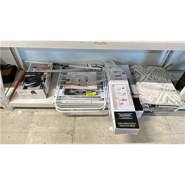 SHELF OF ASSORTED ITEMS INCLUDING; HONEYWELL TURBO FORCE POWER+ FAN, FOLDING DRYING RACK, OVER THE