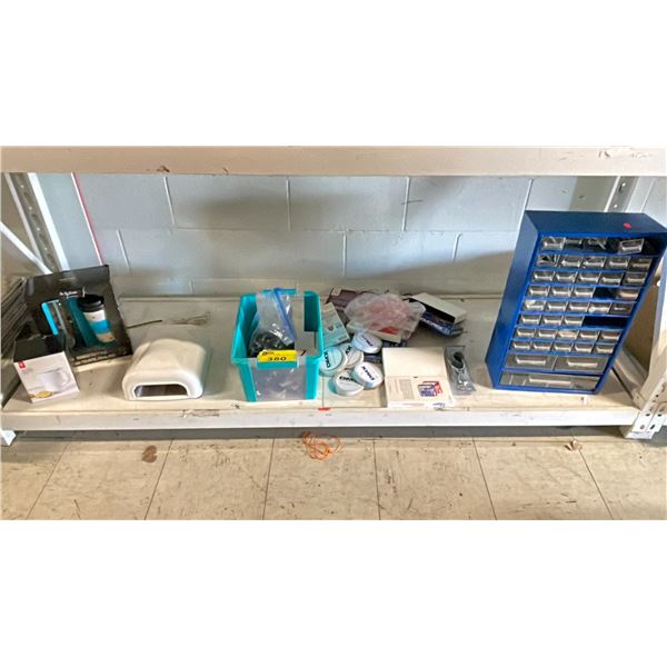 SHELF OF ASSORTED ITEMS INCLUDING; DOUBLE SIDED TAPE, NAIL POLISH CURER, BIT ORGANIZER & MORE