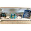 Image 1 : SHELF OF ASSORTED ITEMS INCLUDING; DOUBLE SIDED TAPE, NAIL POLISH CURER, BIT ORGANIZER & MORE