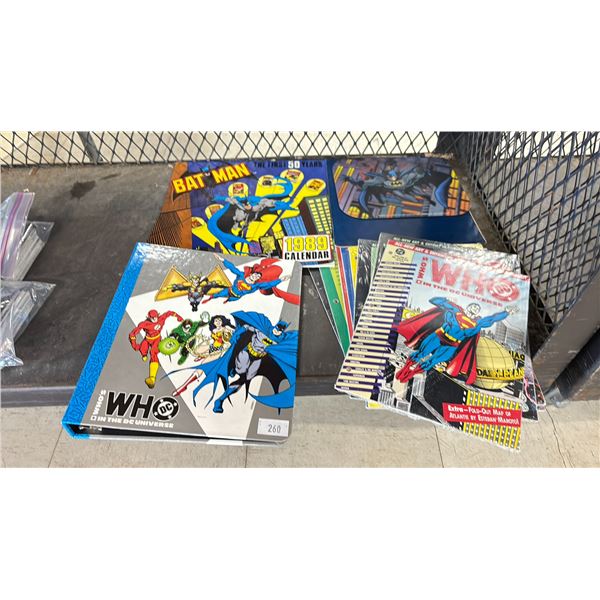 ASSORTED SUPER HERO COLLECTIBLES INCLUDING; COMIC BOOKS, BATMAN CALENDAR & BATMAN MOUSE PAD