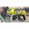 Image 2 : SHELF OF ASSORTED RYOBI TOOLS INCLUDING RYOBI SABRE SAW, RYOBI FLASHLIGHT WITH BATTERY,