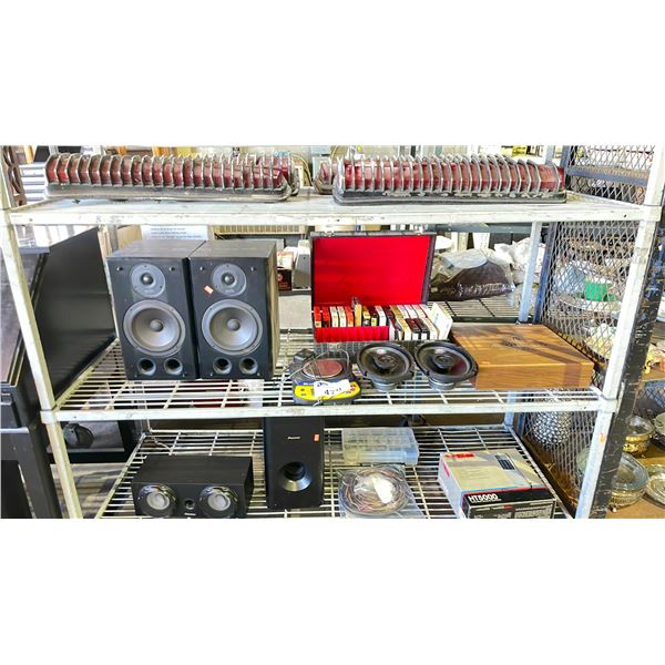 2 SHELVES OF ASSORTED ITEMS INCLUDING; SPEAKERS, VINTAGE CELL PHONE, 8 TRACK TAPES & MORE