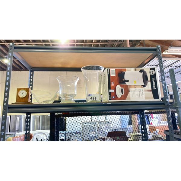 SHELF OF ASSORTED ITEMS INCLUDING; WESTBEND 30 CUP AUTOMATIC COFFEE MAKER, GLASS VASES, DESK CLOCK
