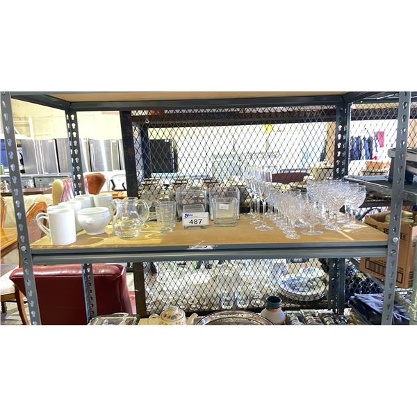 SHELF OF ASSORTED GLASSWARE, CRYSTALWARE, MILK GLASS PORCELAIN MUGS & MORE