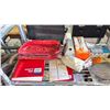 Image 2 : SHELF OF ASSORTED ITEMS INCLUDING; CUTTING BOARD, STAIR & UPHOLSTERY TOOL KIT, DRILL GUIDE & MORE